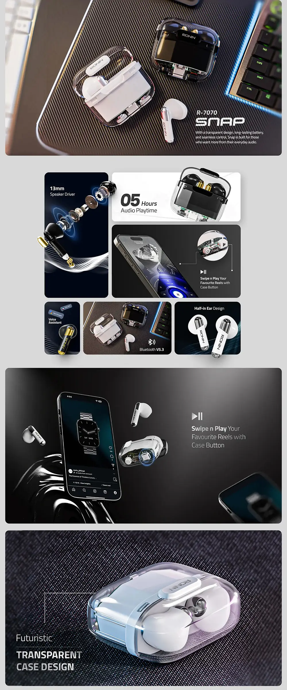 Snap Ronin R-7070 Wireless Earbuds product view on Flexy Bay